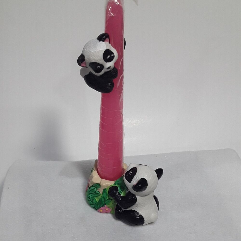 Vtg Candle Climber Set, Porcelain Panda Holder Set 6" Pink Holder NIB, Giftco